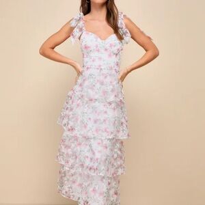 Lulu's White Ruffled Tiered Midi Dress for Weddings